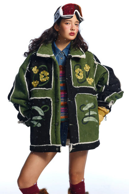 Unisex Floral Embroidery Sherpa Jacket - Color-Blocked Cotton