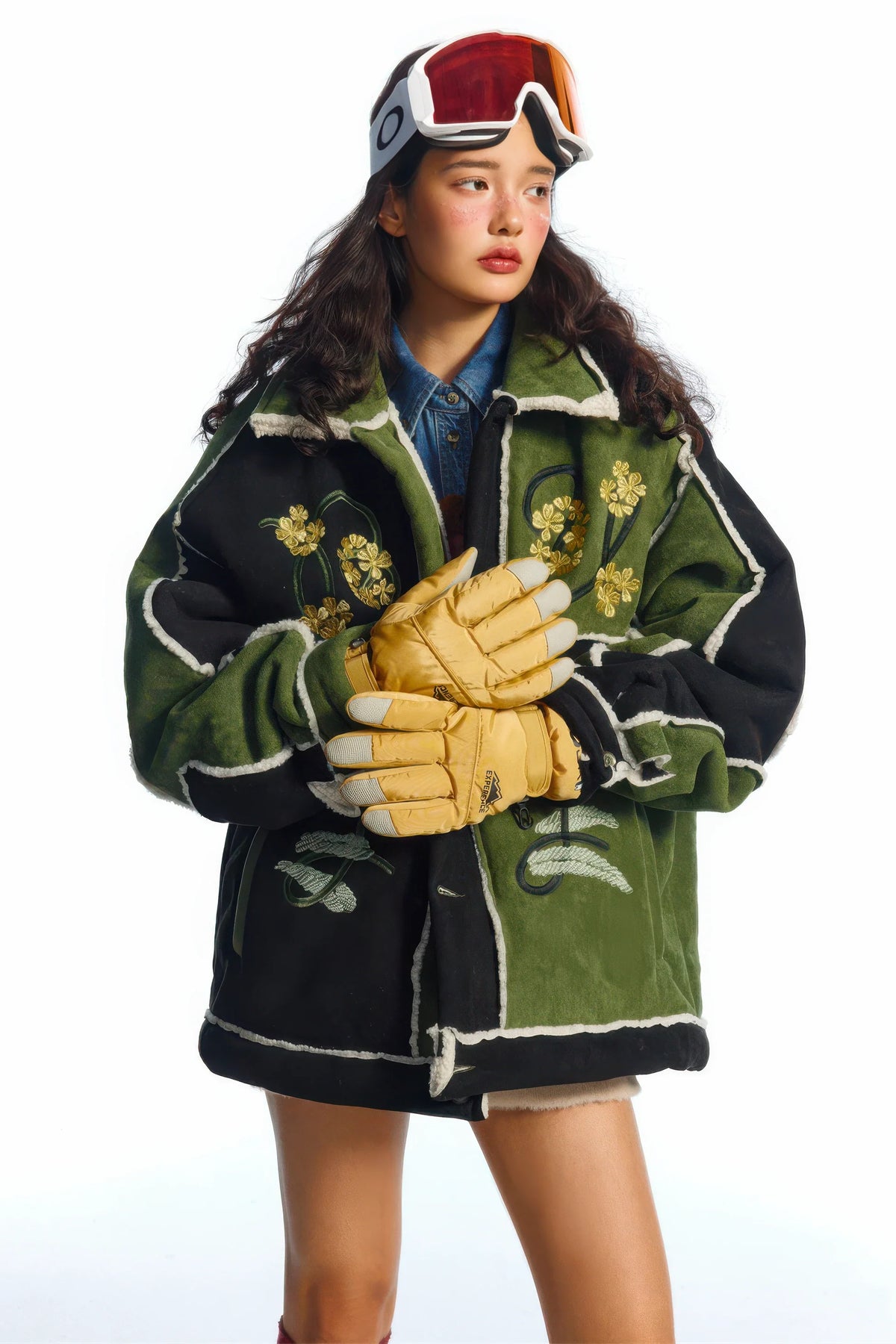 Unisex Floral Embroidery Sherpa Jacket - Color-Blocked Cotton