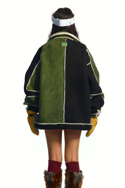Unisex Floral Embroidery Sherpa Jacket - Color-Blocked Cotton