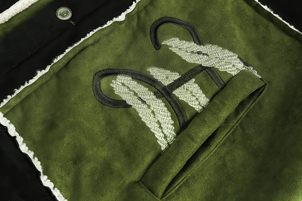 Unisex Floral Embroidery Sherpa Jacket - Color-Blocked Cotton