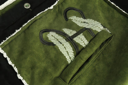 Unisex Floral Embroidery Sherpa Jacket - Color-Blocked Cotton