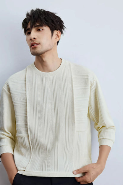 Men's Long Sleeve Knit Sweater with Textured Pattern
