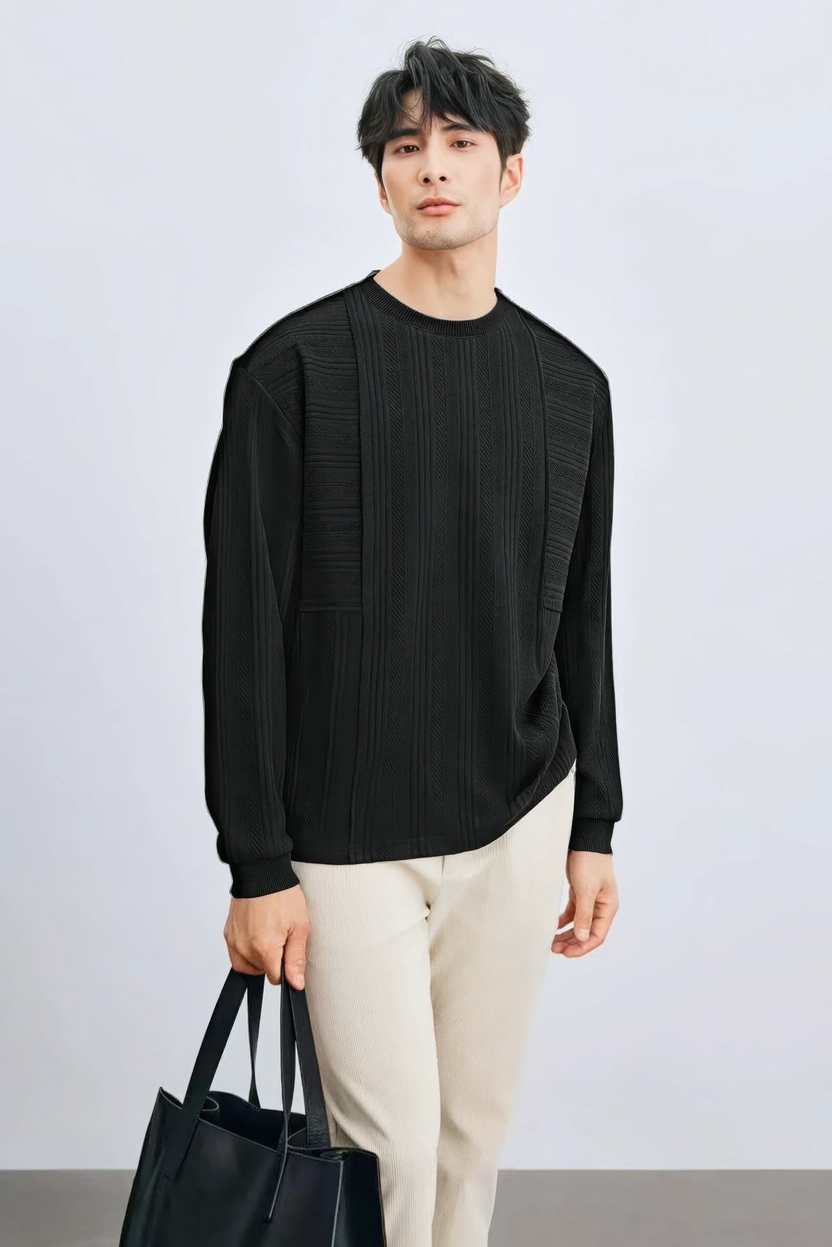 Men's Long Sleeve Knit Sweater with Textured Pattern
