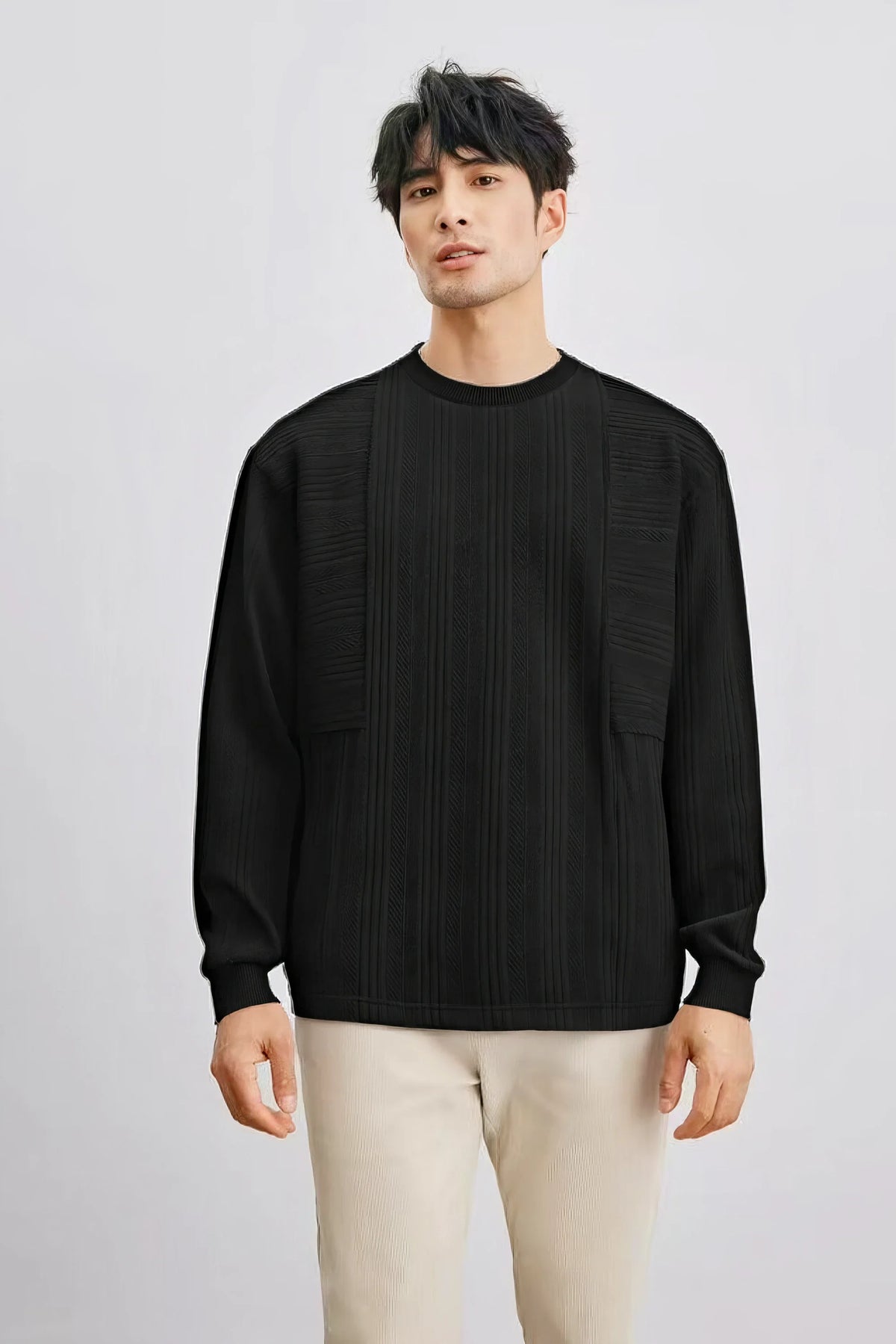 Men's Long Sleeve Knit Sweater with Textured Pattern