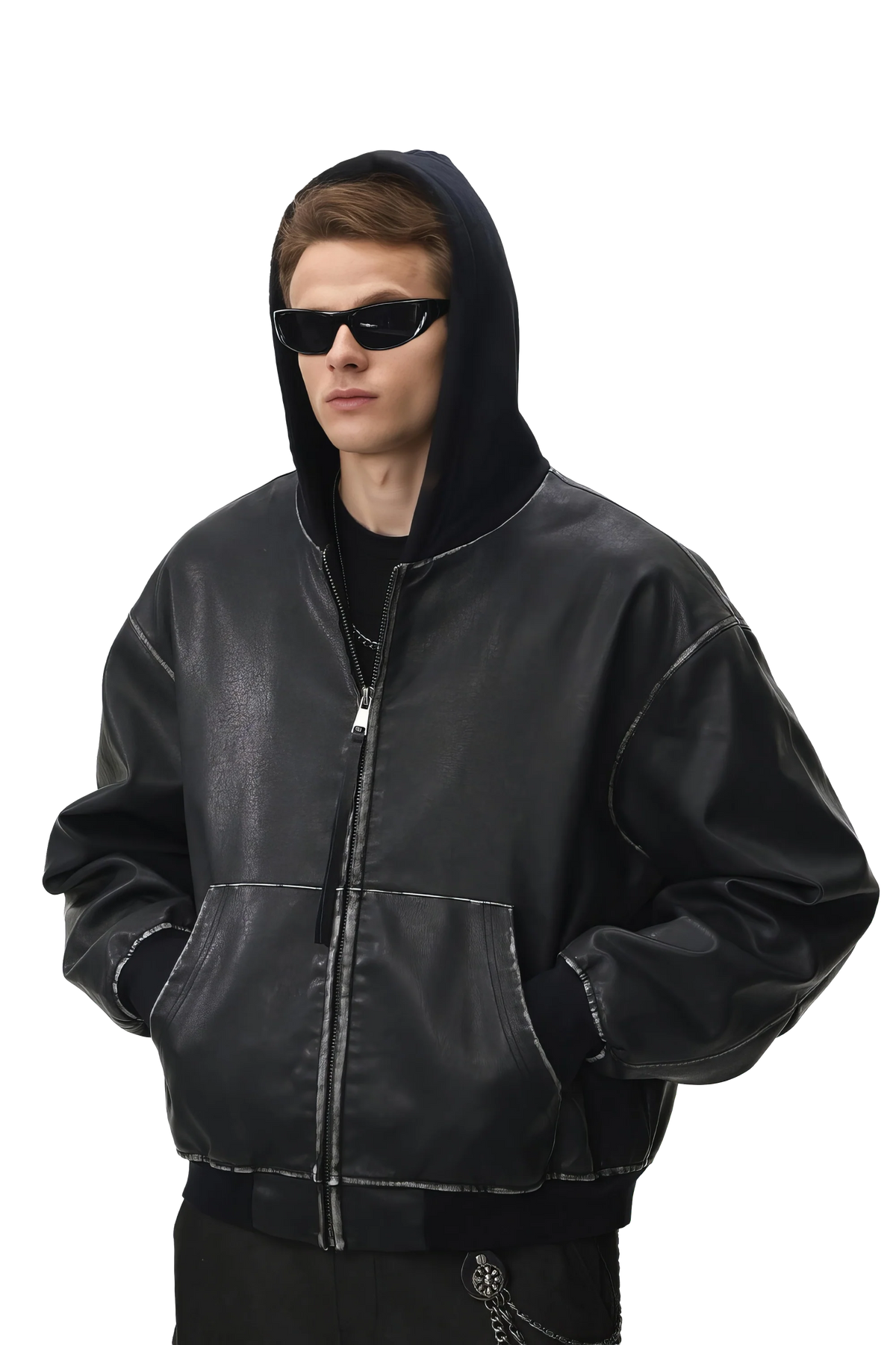 Washed Leather Hooded Jacket - Vintage American Street Style