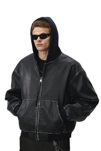 Washed Leather Hooded Jacket - Vintage American Street Style