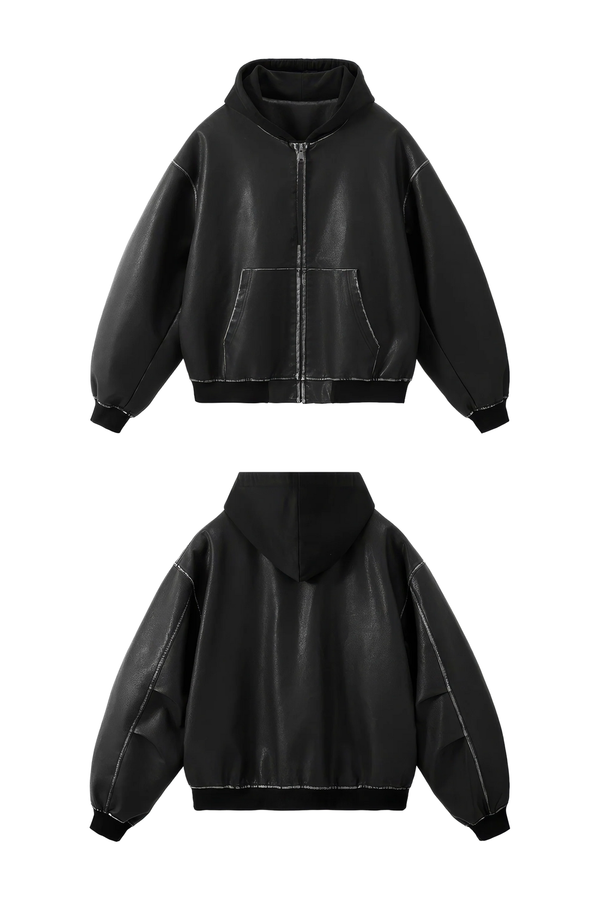 Washed Leather Hooded Jacket - Vintage American Street Style
