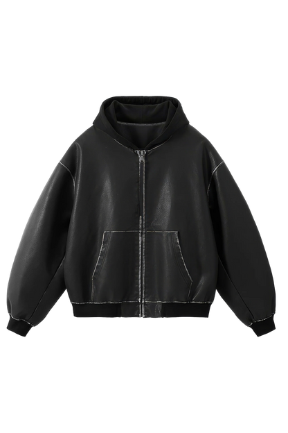 Washed Leather Hooded Jacket - Vintage American Street Style