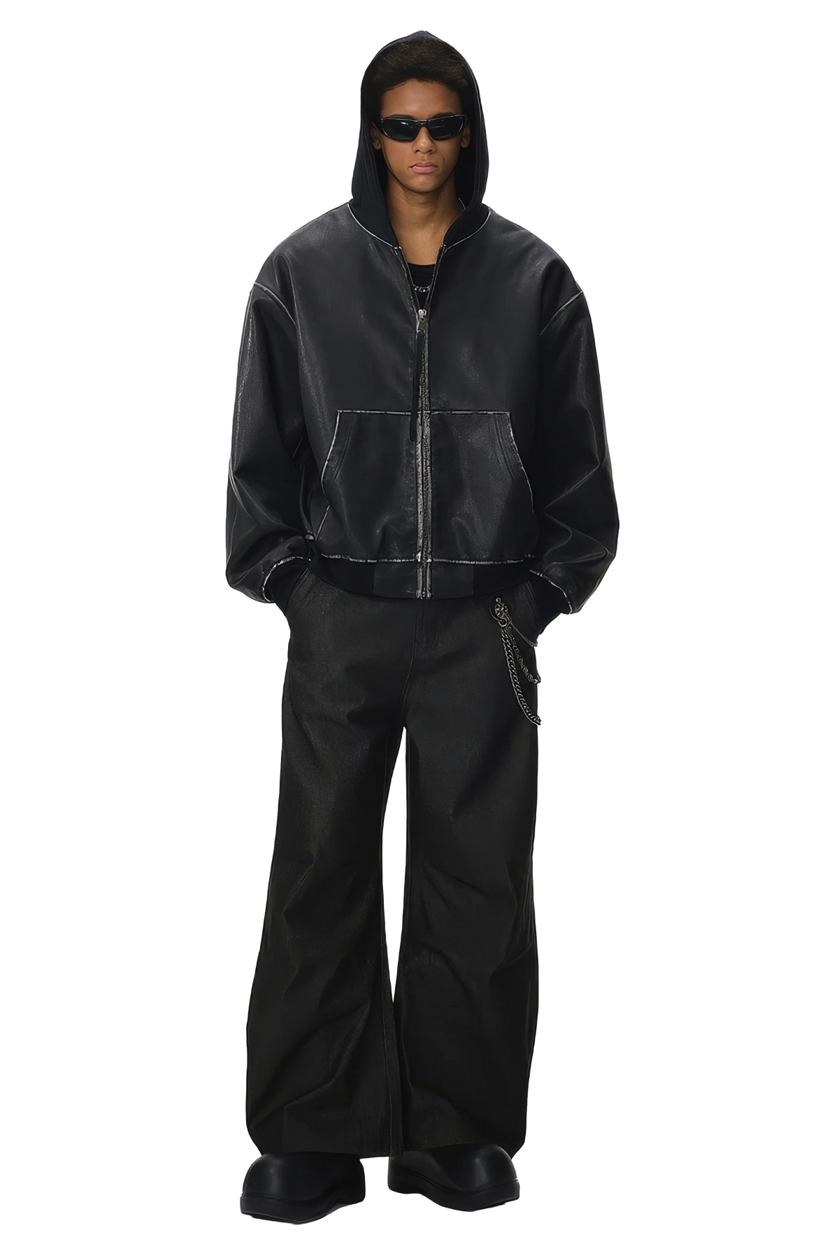 Washed Leather Hooded Jacket - Vintage American Street Style