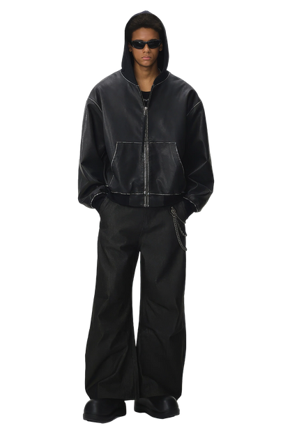 Washed Leather Hooded Jacket - Vintage American Street Style
