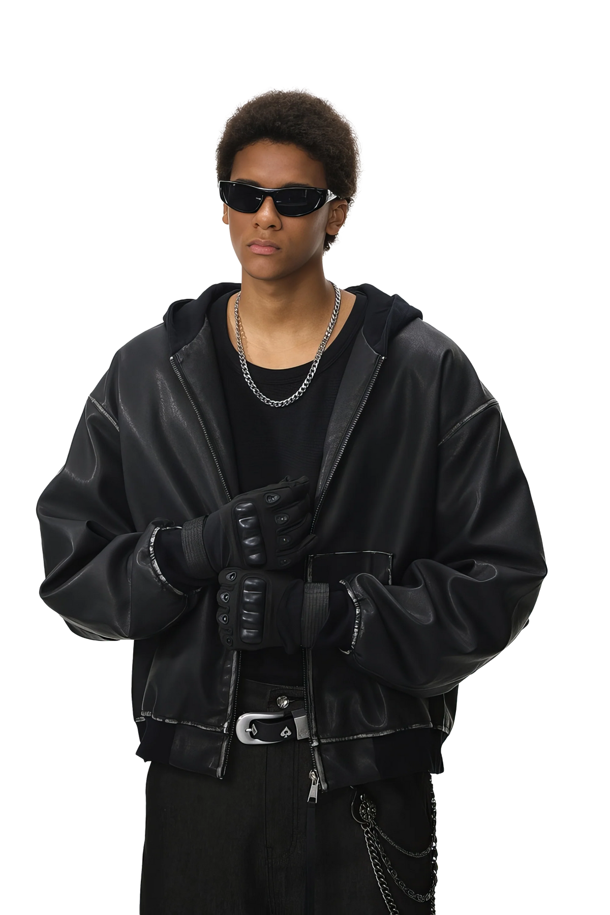Washed Leather Hooded Jacket - Vintage American Street Style