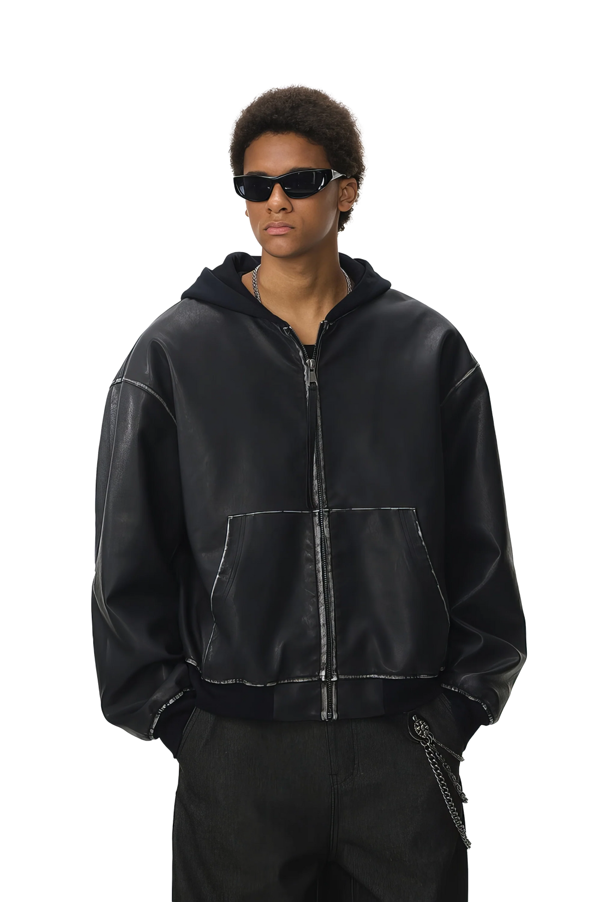 Washed Leather Hooded Jacket - Vintage American Street Style
