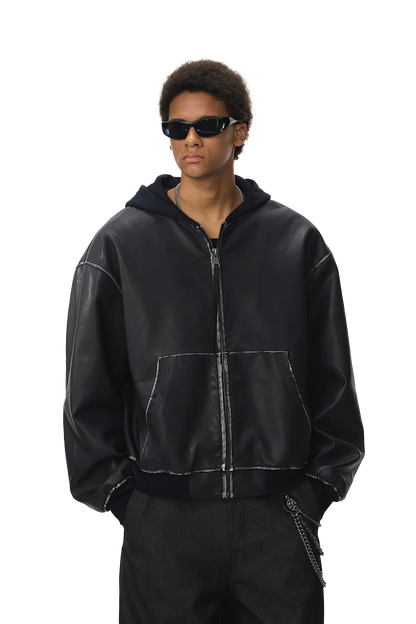 Washed Leather Hooded Jacket - Vintage American Street Style