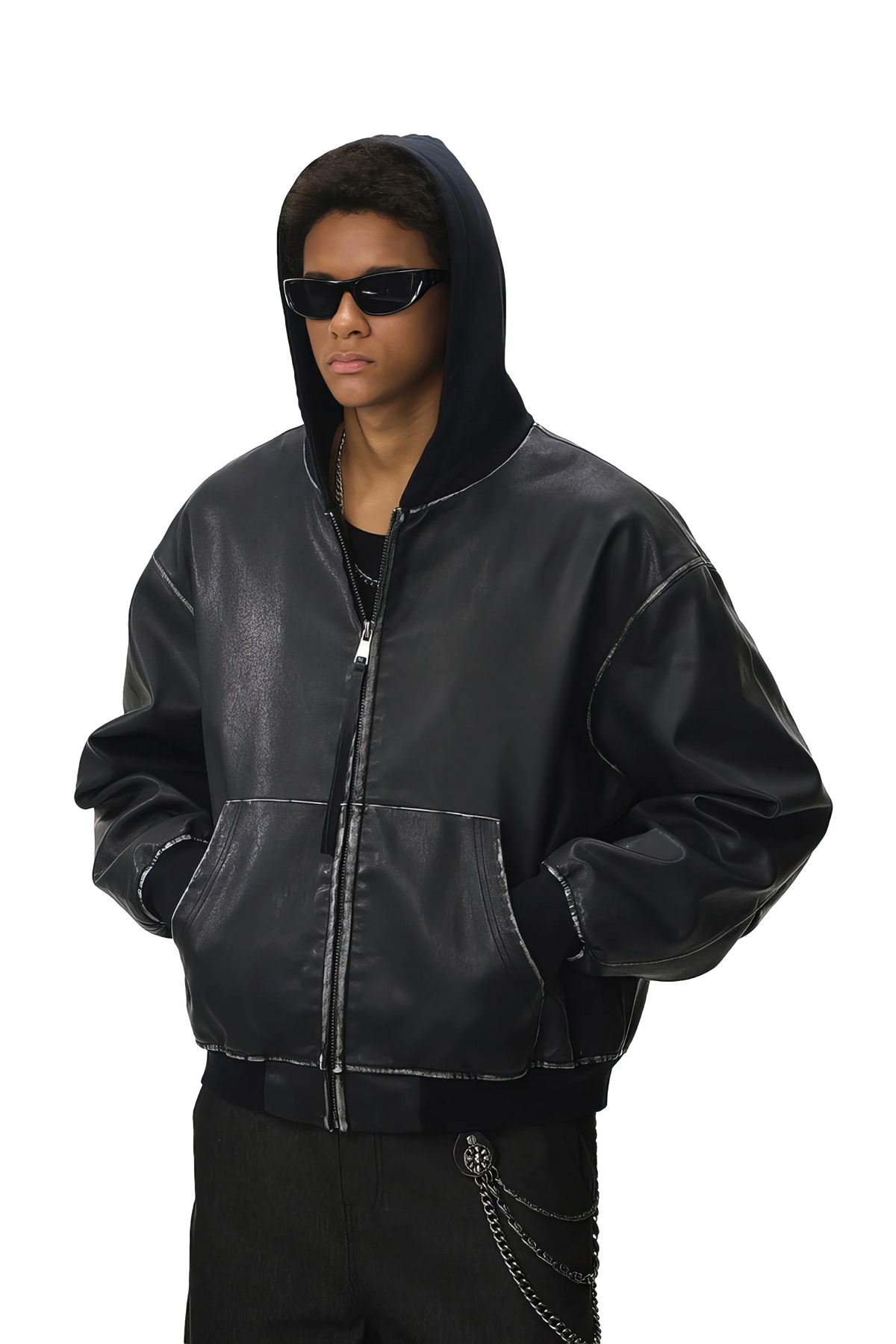 Washed Leather Hooded Jacket - Vintage American Street Style
