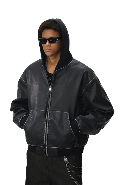 Washed Leather Hooded Jacket - Vintage American Street Style