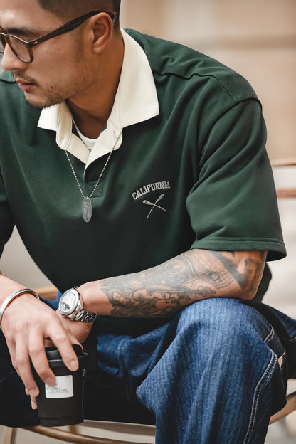 Retro Baseball Style Polo Shirt – Loose Fit Short Sleeve