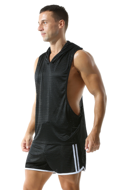Men's Hooded Tank Top & Shorts Set – Mesh Cutout, Breathable & Lightweight