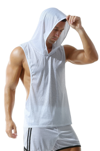 Men's Hooded Tank Top & Shorts Set – Mesh Cutout, Breathable & Lightweight
