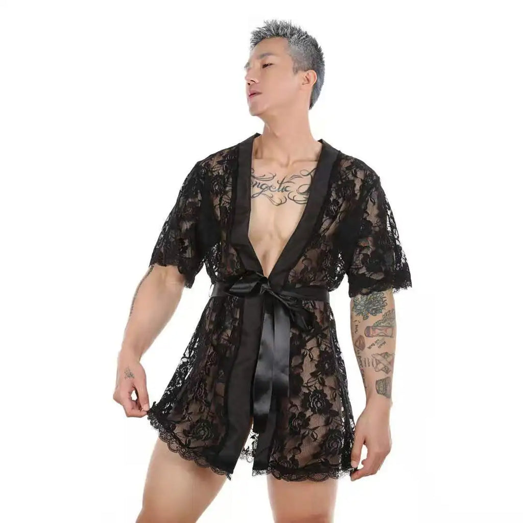Masculine Lace Thong + Bathrobe Set