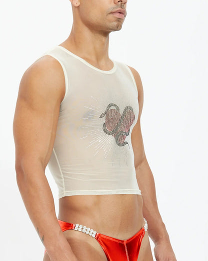 Poison Rhinestone Mid Crop Tank Top - Nude Sheer