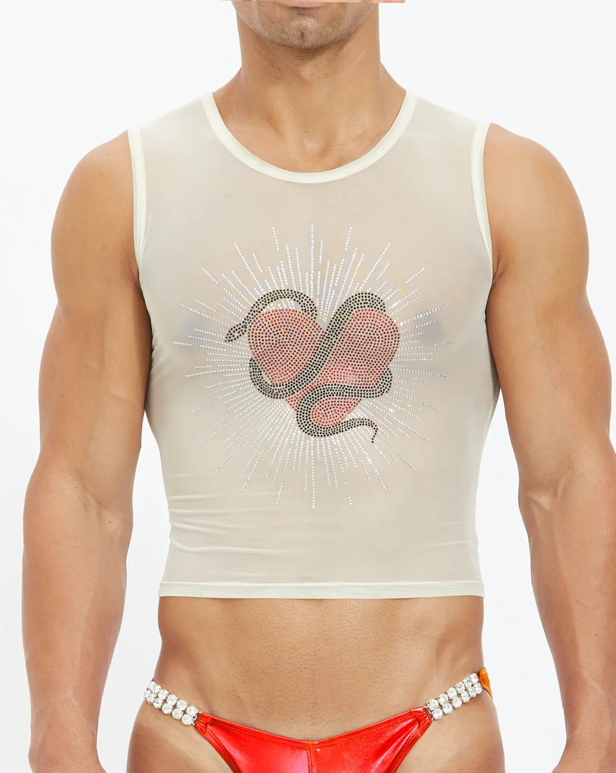 Poison Rhinestone Mid Crop Tank Top - Nude Sheer