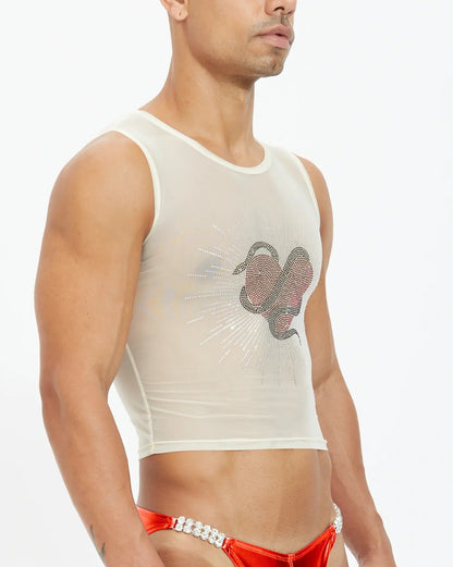 Poison Rhinestone Mid Crop Tank Top - Nude Sheer
