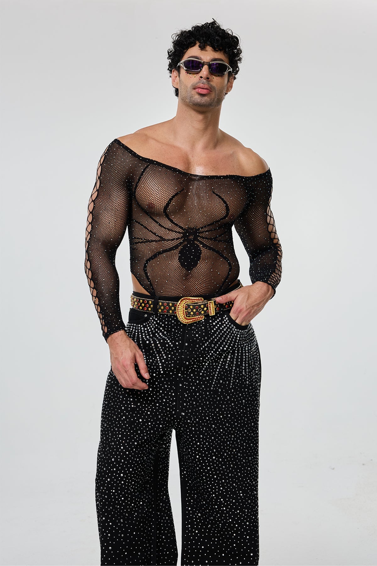 Second Outline Off Shoulder Rhinestone Cutout Bodysuit