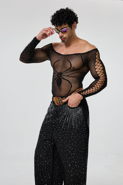 Second Outline Off Shoulder Rhinestone Cutout Bodysuit