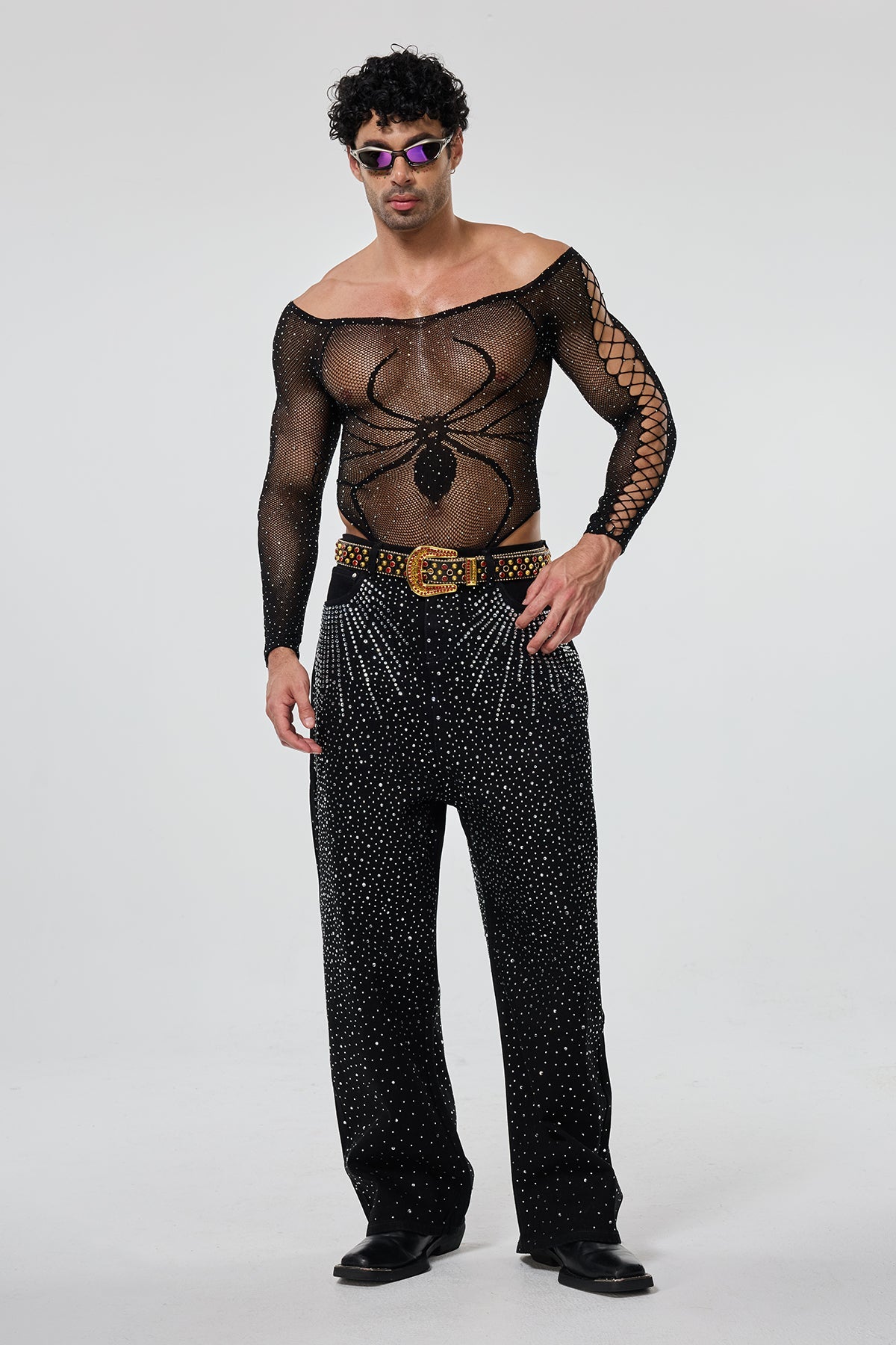 Second Outline Off Shoulder Rhinestone Cutout Bodysuit
