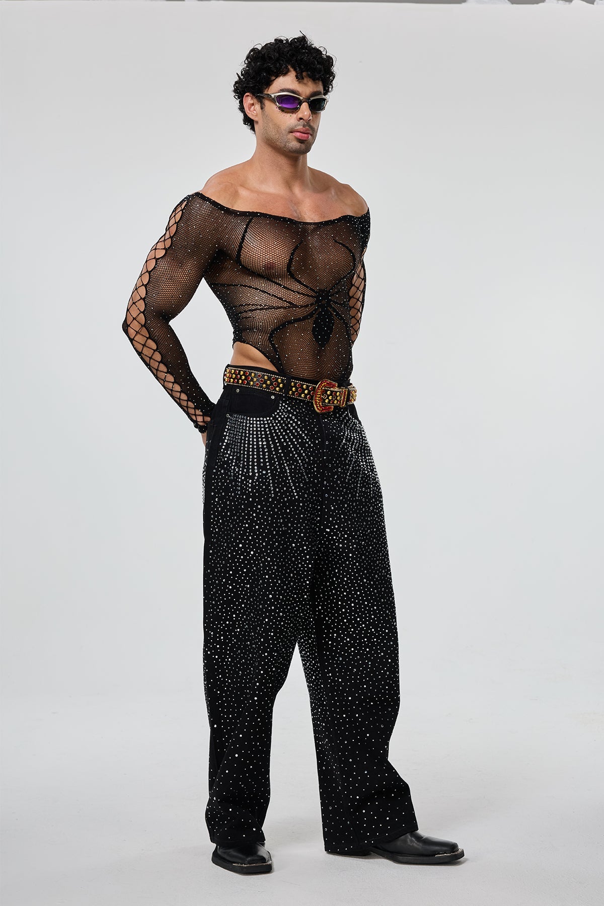 Second Outline Off Shoulder Rhinestone Cutout Bodysuit