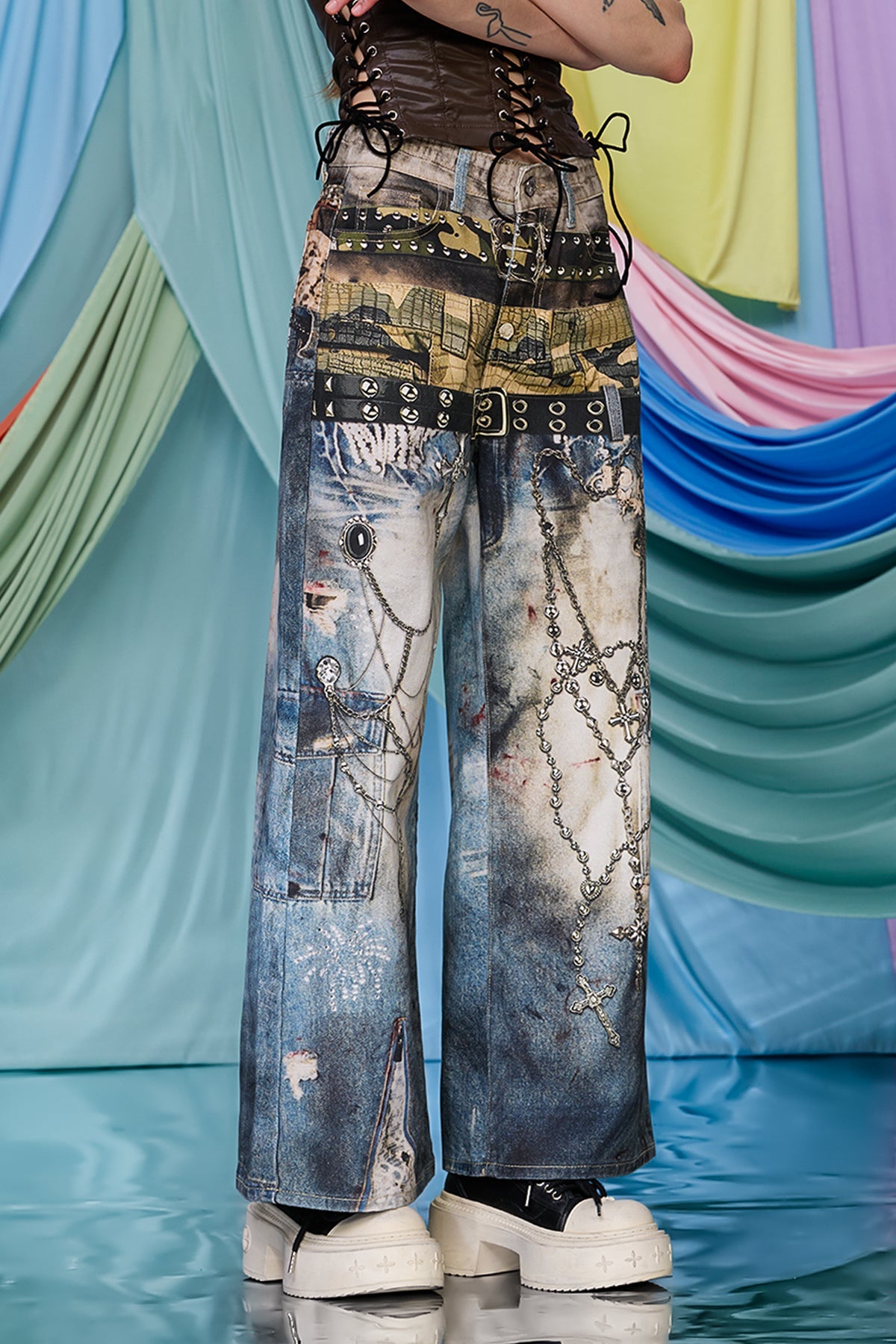 Shadow Denim Print Wide Leg Jeans