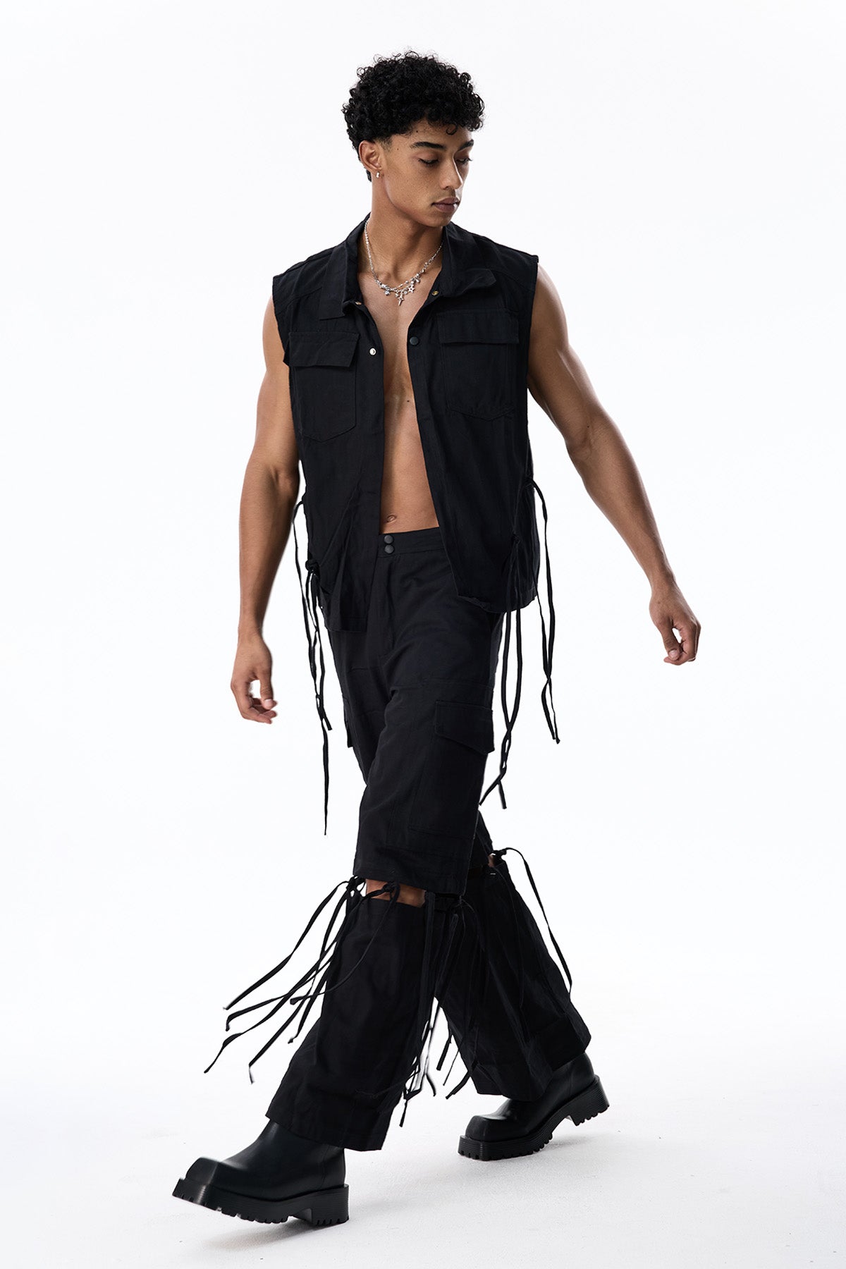 Shadow Sheet Sleeveless Cutout Fringe Pants Set