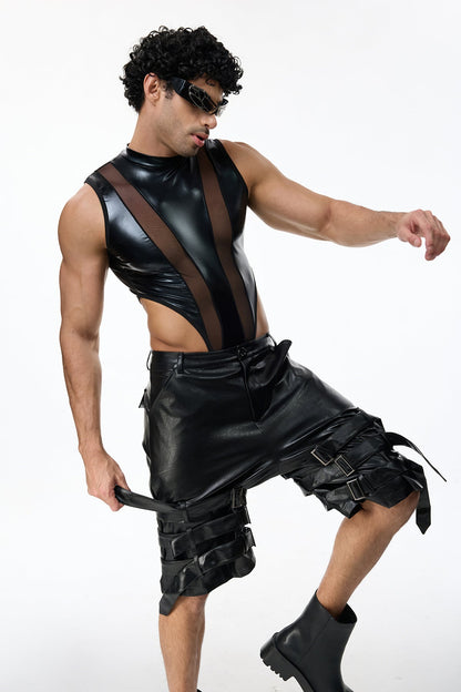 Sharp Line Mesh Sleeveless Bodysuit Black
