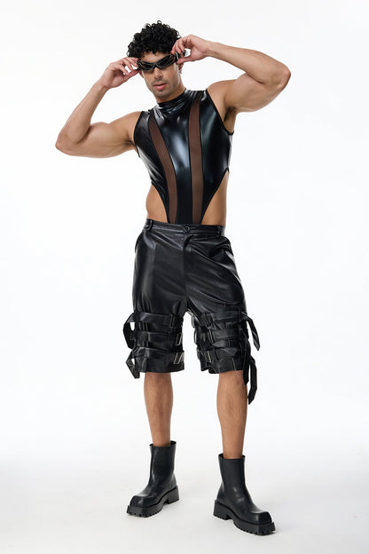 Sharp Line Mesh Sleeveless Bodysuit Black