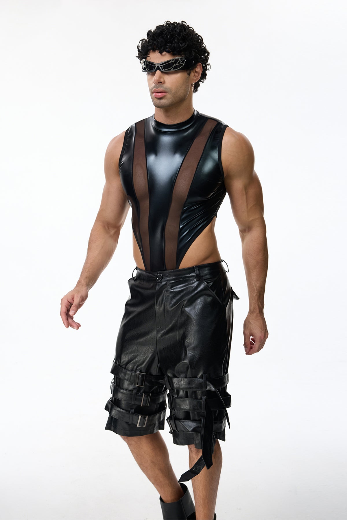 Sharp Line Mesh Sleeveless Bodysuit Black