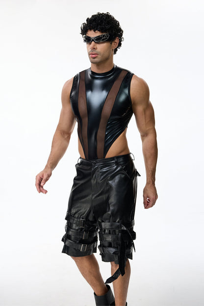 Sharp Line Mesh Sleeveless Bodysuit Black
