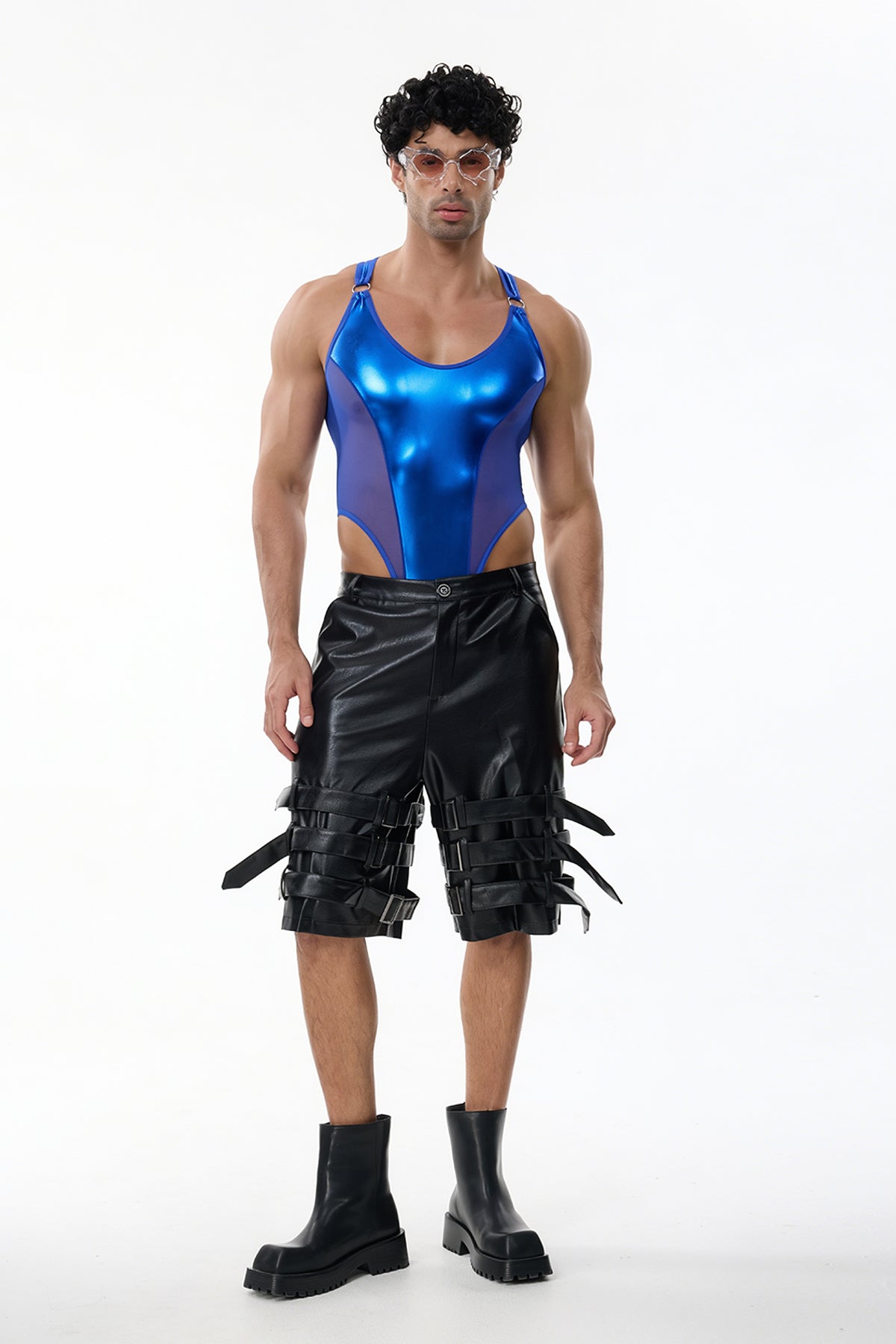 Sharp Line Mesh Sleeveless Bodysuit Blue