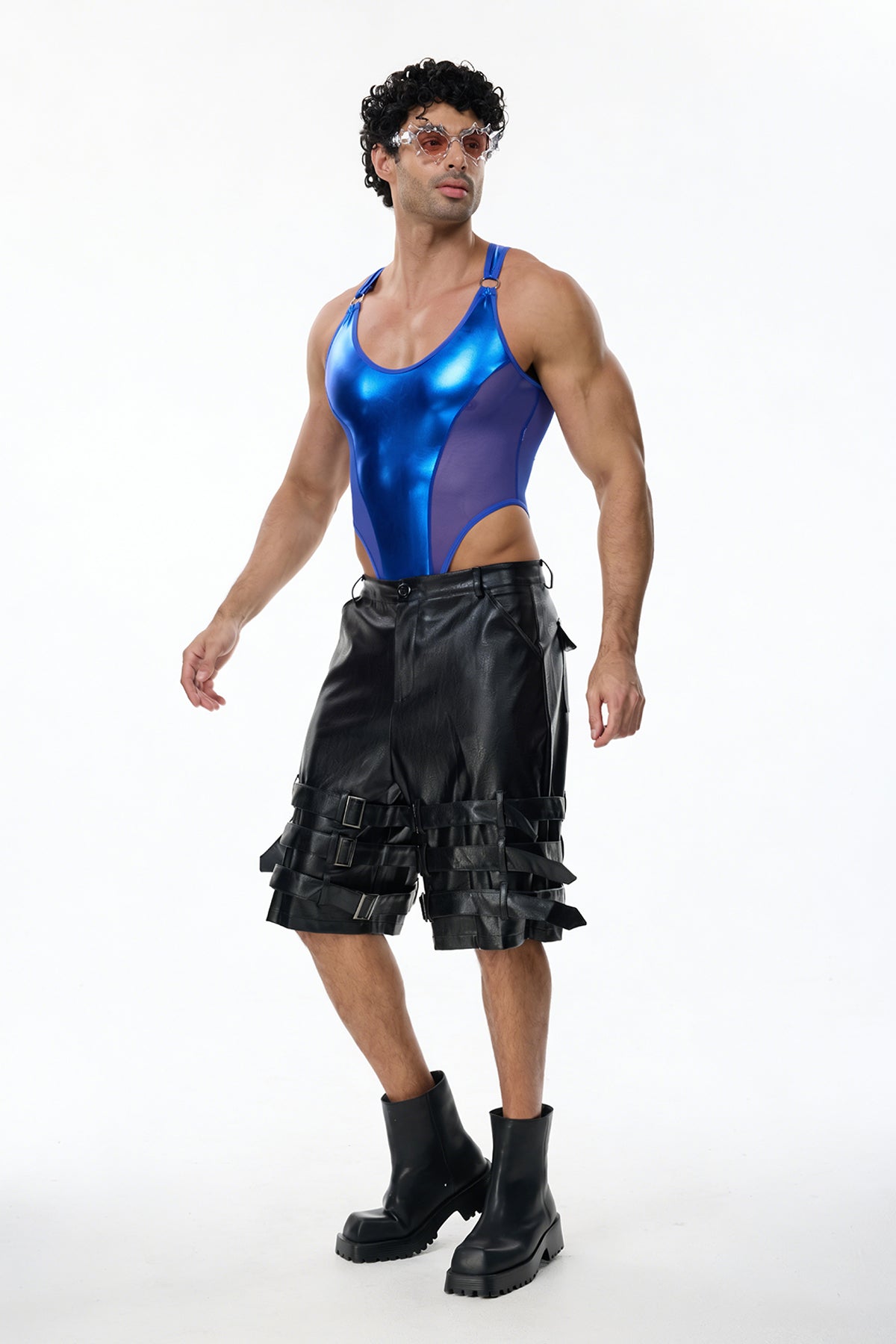 Sharp Line Mesh Sleeveless Bodysuit Blue
