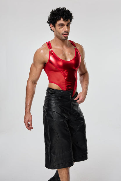 Sharp Line Mesh Sleeveless Bodysuit Red