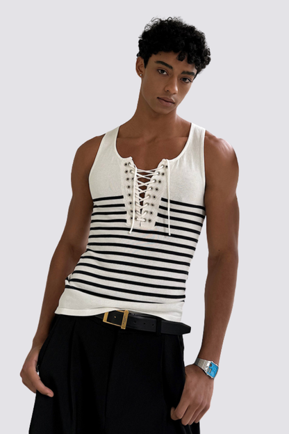Sharp Reveal Lace Up Stripe Sleeveless Top