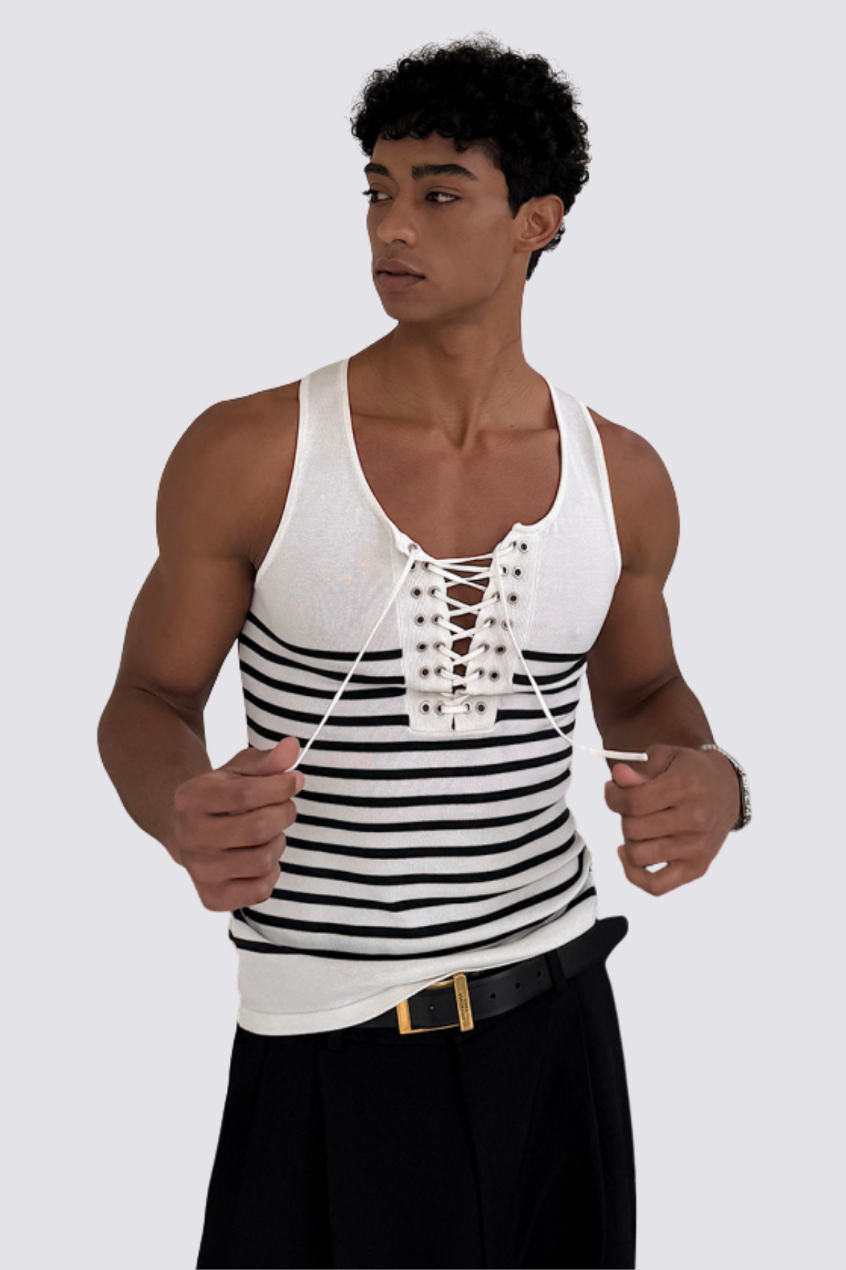 Sharp Reveal Lace Up Stripe Sleeveless Top