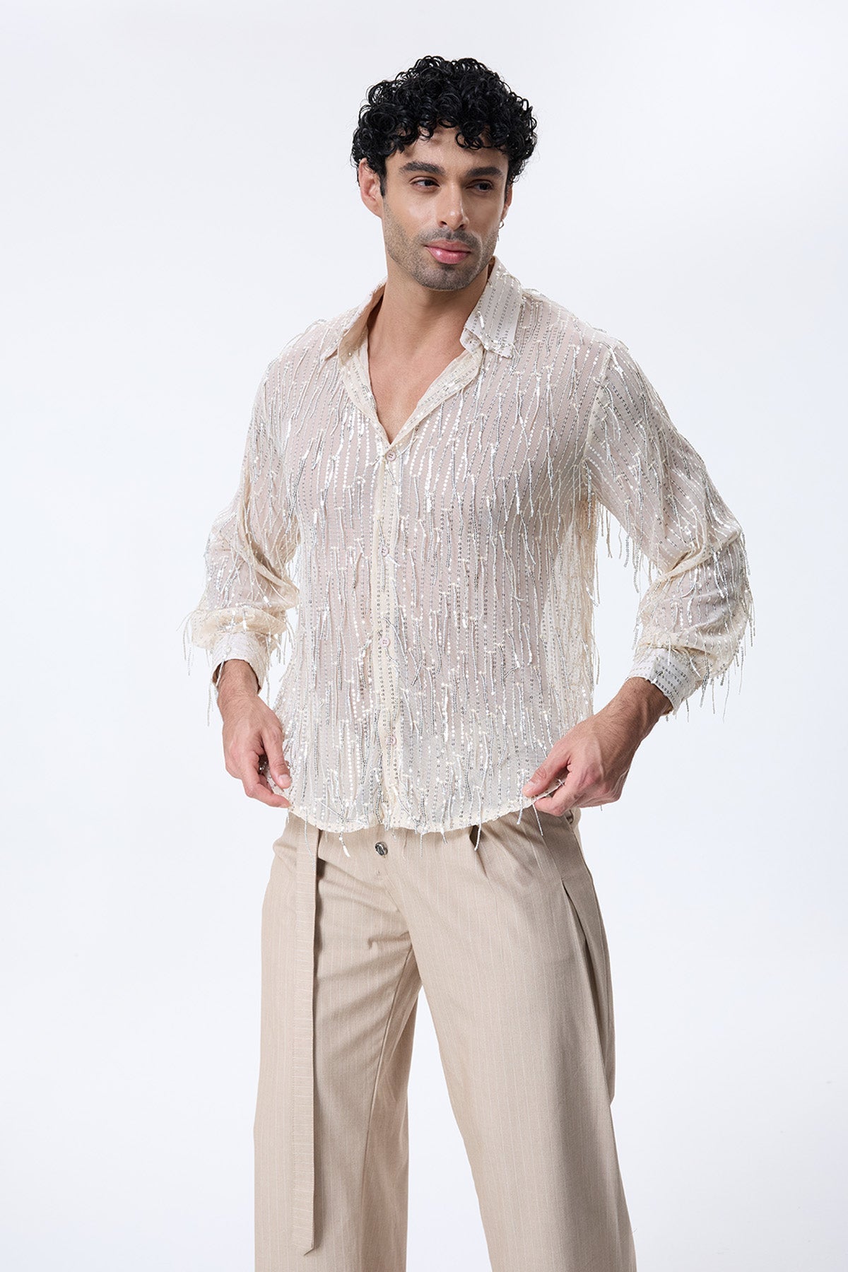 Shine Beam Fringe Sequin Long Sleeve Shirt