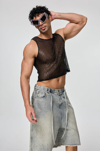 Shining Tension Sequin Crop Top Black