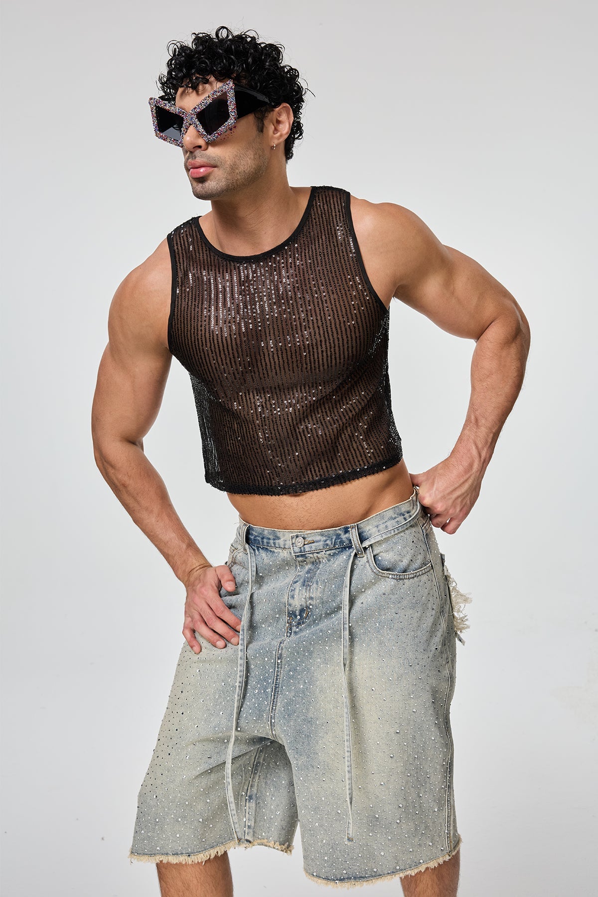 Shining Tension Sequin Crop Top Black