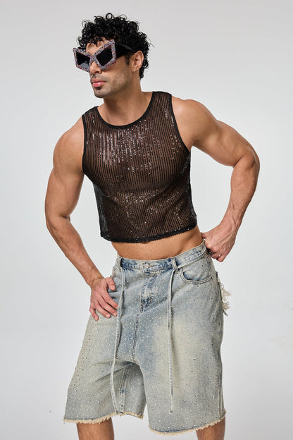 Shining Tension Sequin Crop Top Black