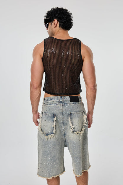 Shining Tension Sequin Crop Top Black