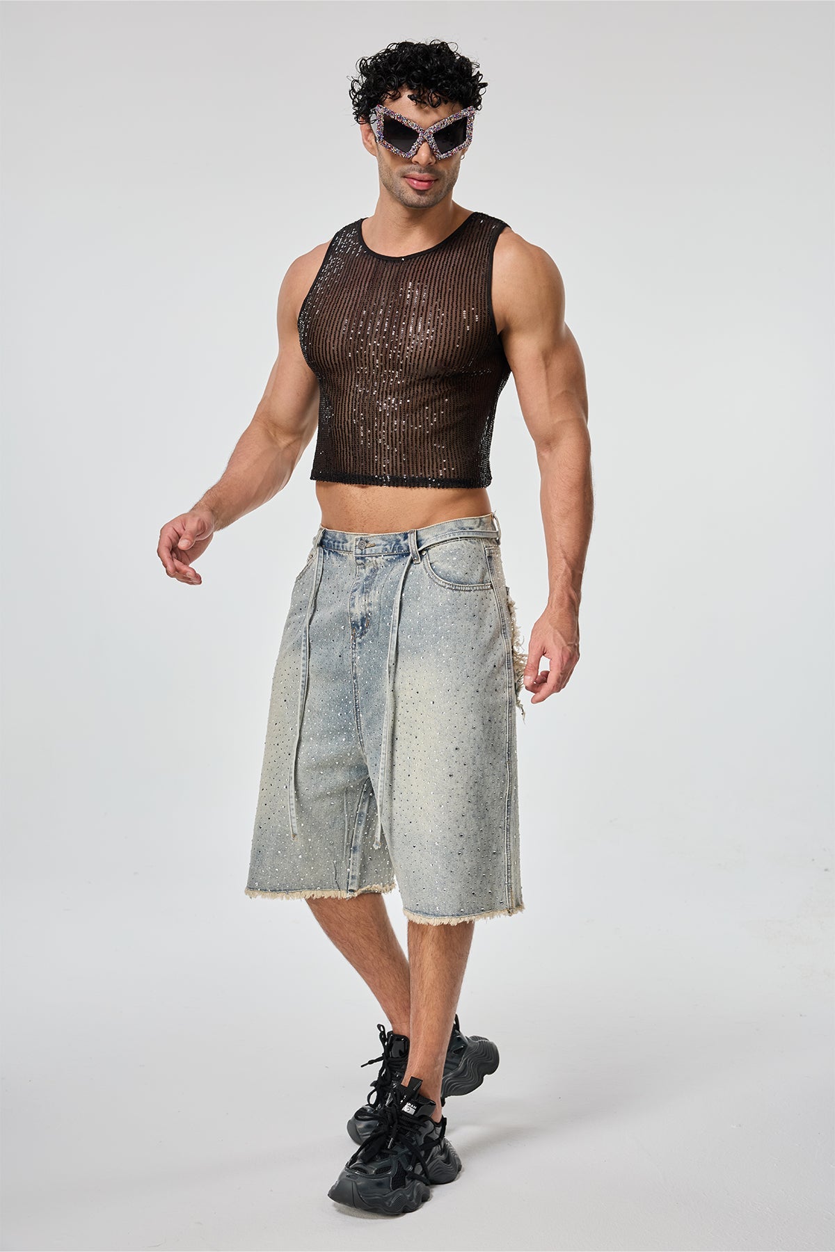 Shining Tension Sequin Crop Top Black