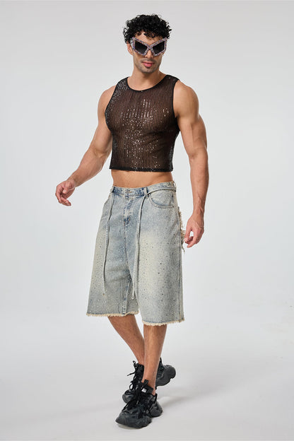 Shining Tension Sequin Crop Top Black