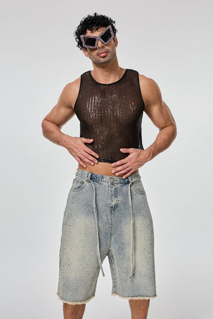 Shining Tension Sequin Crop Top Black