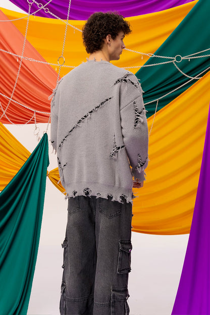 Silent Yarn Long Sleeve Knit Ripped Top